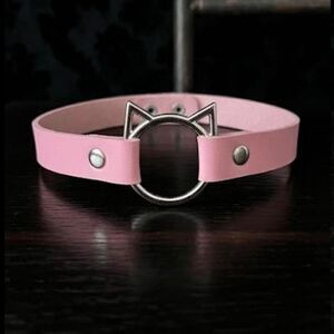 Collar Choker Necklace Silver/Light Pink Leather Stainless Steel Cat O-Ring